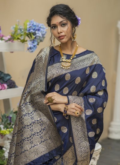 Contemporary Saree Zari Banarasi Silk in Navy Blue