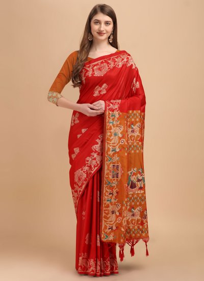 Contemporary Saree Zari Raw Silk in Red