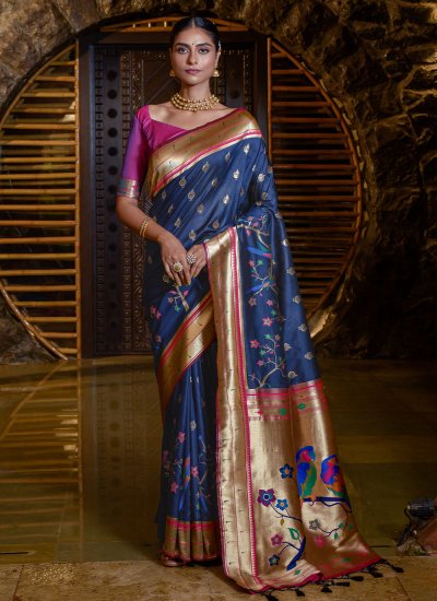 Contemporary Style Saree Meenakari Silk in Navy Blue