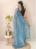 Contemporary Style Saree Print Net in Aqua Blue