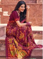 Contemporary Style Saree Printed Faux Crepe in Wine