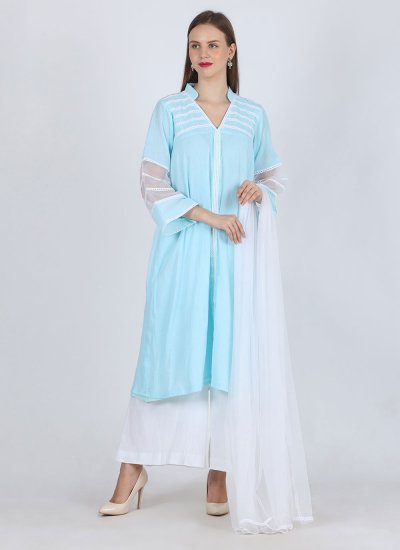 Cotton Aqua Blue Readymade Salwar Suit