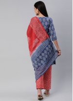 Cotton Block Print Straight Salwar Suit in Blue and Red