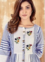 Cotton Blue Embroidered Party Wear Kurti