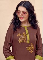 Cotton Brown Embroidered Party Wear Kurti
