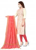 Cotton Churidar Designer Suit in Off White and Pink