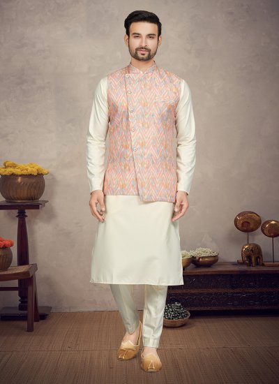 Cotton Digital Print Kurta Payjama With Jacket in Cream and Multi Colour