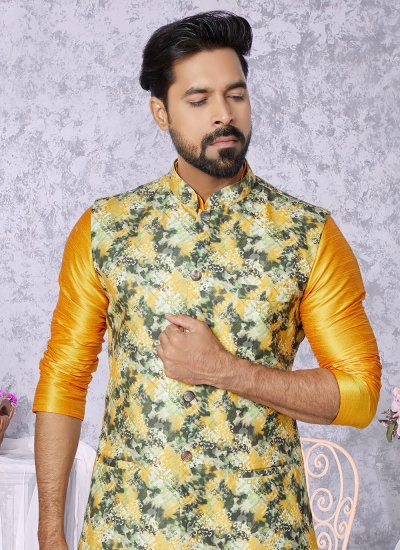 Cotton Digital Print Multi Colour and Mustard Kurta Payjama With Jacket