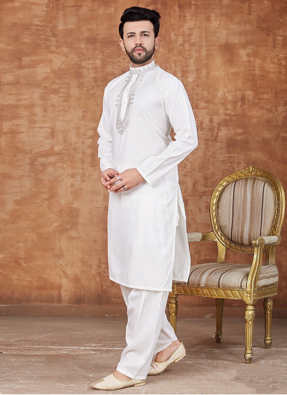 Cotton Embroidered Off White Pathani Suits