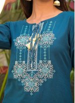 Cotton Embroidered Party Wear Kurti in Blue