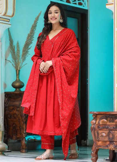 Cotton Embroidered Readymade Anarkali Salwar Suit in Red