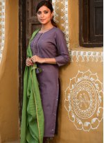 Cotton Embroidered Readymade Suit in Purple