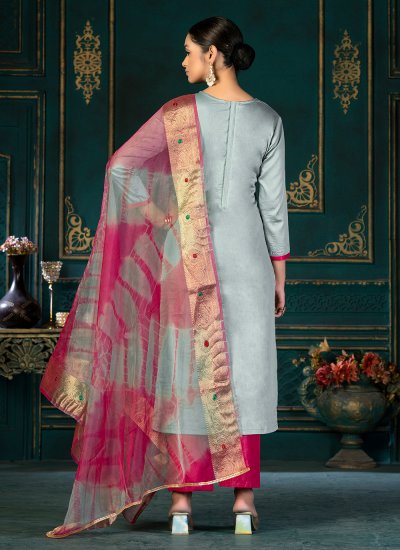 Cotton Embroidered Straight Salwar Suit in Aqua Blue