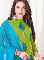 Cotton   Green Embroidered Churidar Suit