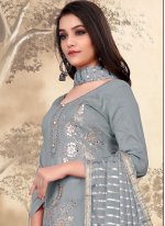 Cotton Grey Embroidered Pant Style Suit