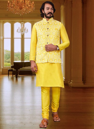 Cotton Mirror Yellow Kurta Payjama With Jacket
