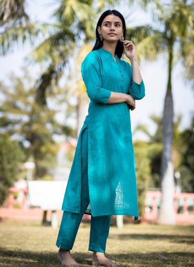 Cotton Plain Designer Kurti in Turquoise