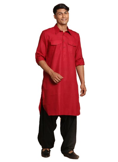 Cotton Plain Red Kurta Pyjama