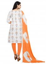 Cotton Print Churidar Suit in Off White and Orange