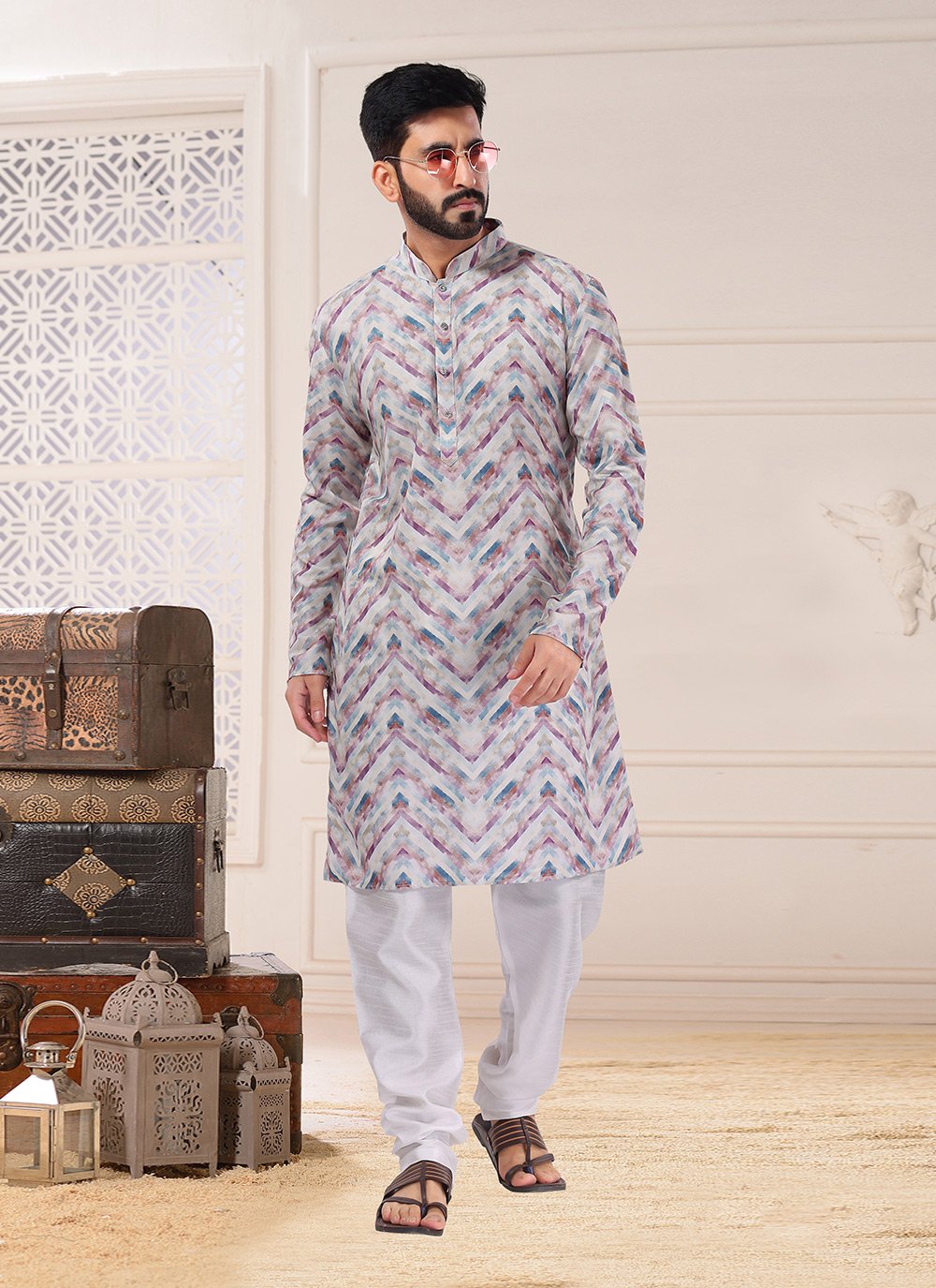 Cotton Printed Kurta Pyjama in Multi Colour
