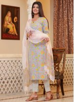Cotton Printed Pant Style Suit in Multi Colour