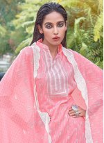 Cotton Printed Pant Style Suit in Pink