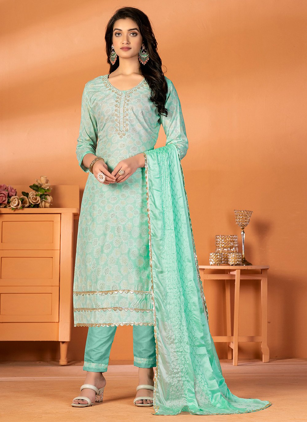 cotton printed straight suit in sea green 241281