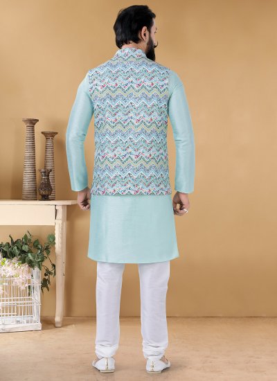 
                            Cotton Printed Turquoise Kurta Payjama With Jacket