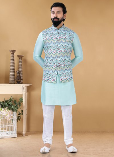 Cotton Printed Turquoise Kurta Payjama With Jacket