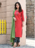 Cotton Red Embroidered Readymade Suit