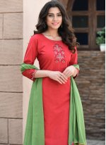 Cotton Red Embroidered Readymade Suit