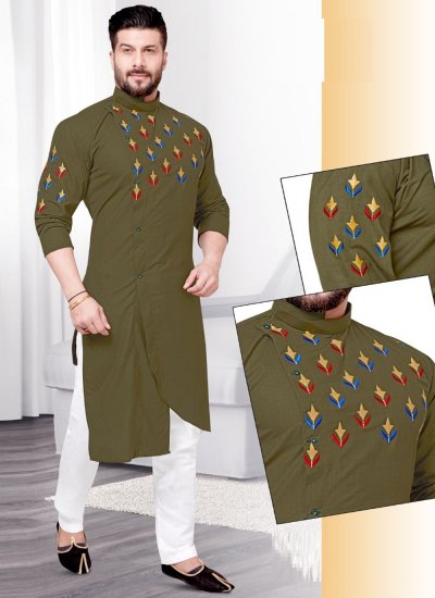 Cotton Resham Green Kurta Pyjama