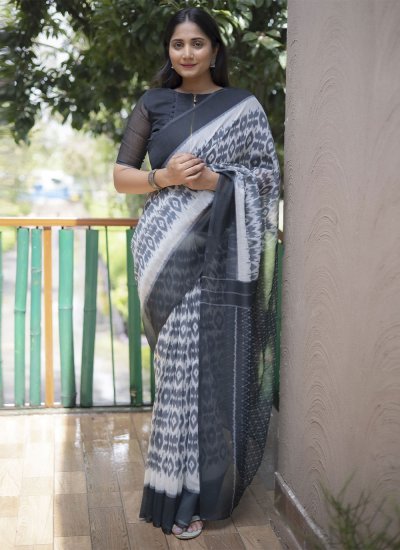 Cotton Saree in Grey and White