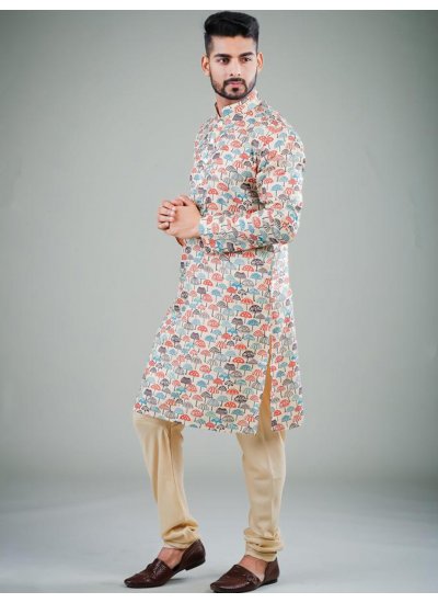 Cotton Satin Printed Kurta Pyjama in Multi Colour