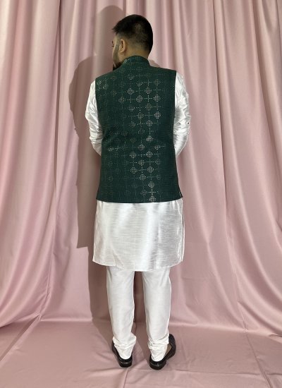 Cotton Sequins Kurta Payjama With Jacket in Green and White