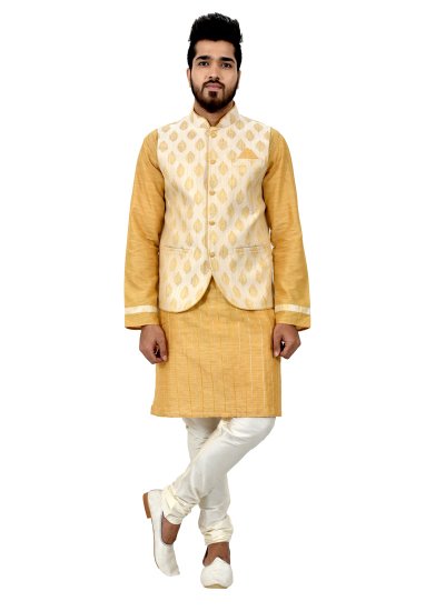 Cotton Silk Plain Kurta Payjama With Jacket in Gold