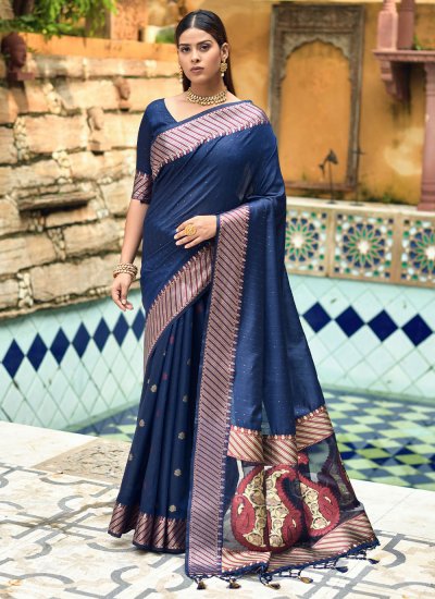 Cotton Silk Weaving Saree in Navy Blue
