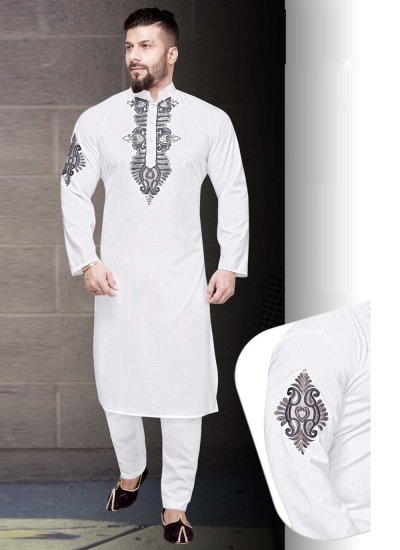 Cotton White Resham Kurta Pyjama
