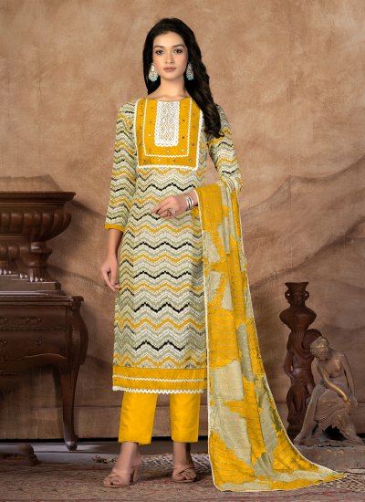 Cotton Yellow Designer Straight Salwar Kameez