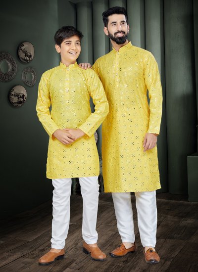 Cotton Yellow Embroidered Men's & Kids Combo