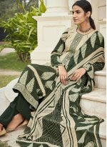 Cream and Green Faux Crepe Embroidered Designer Palazzo Suit