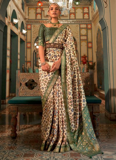 Cream and Green Patola Silk  Wedding Contemporary Saree
