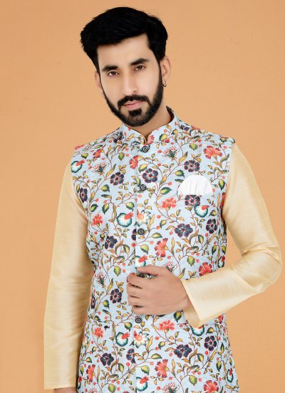 Cream and Multi Colour Banarasi Silk Festival Kurta Payjama With Jacket