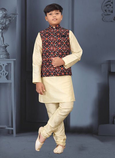 Cream and Multi Colour Silk Digital Print Kurta Payjama With Jacket
