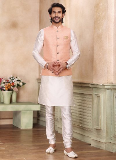 Cream and Pink Embroidered Banarasi Jacquard Kurta Payjama With Jacket