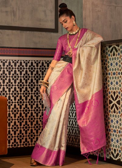 Cream and Rani Engagement Handloom silk Trendy Saree