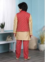 Cream and Red Cotton Silk Jacquard Work Kurta Payjama With Jacket