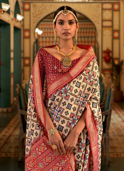 Cream and Red Patola Silk  Weaving Trendy Saree