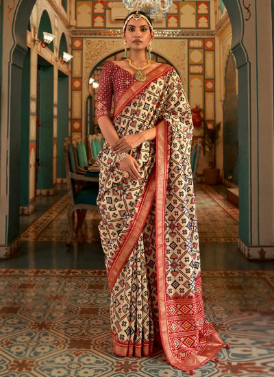 Cream and Red Patola Silk  Weaving Trendy Saree