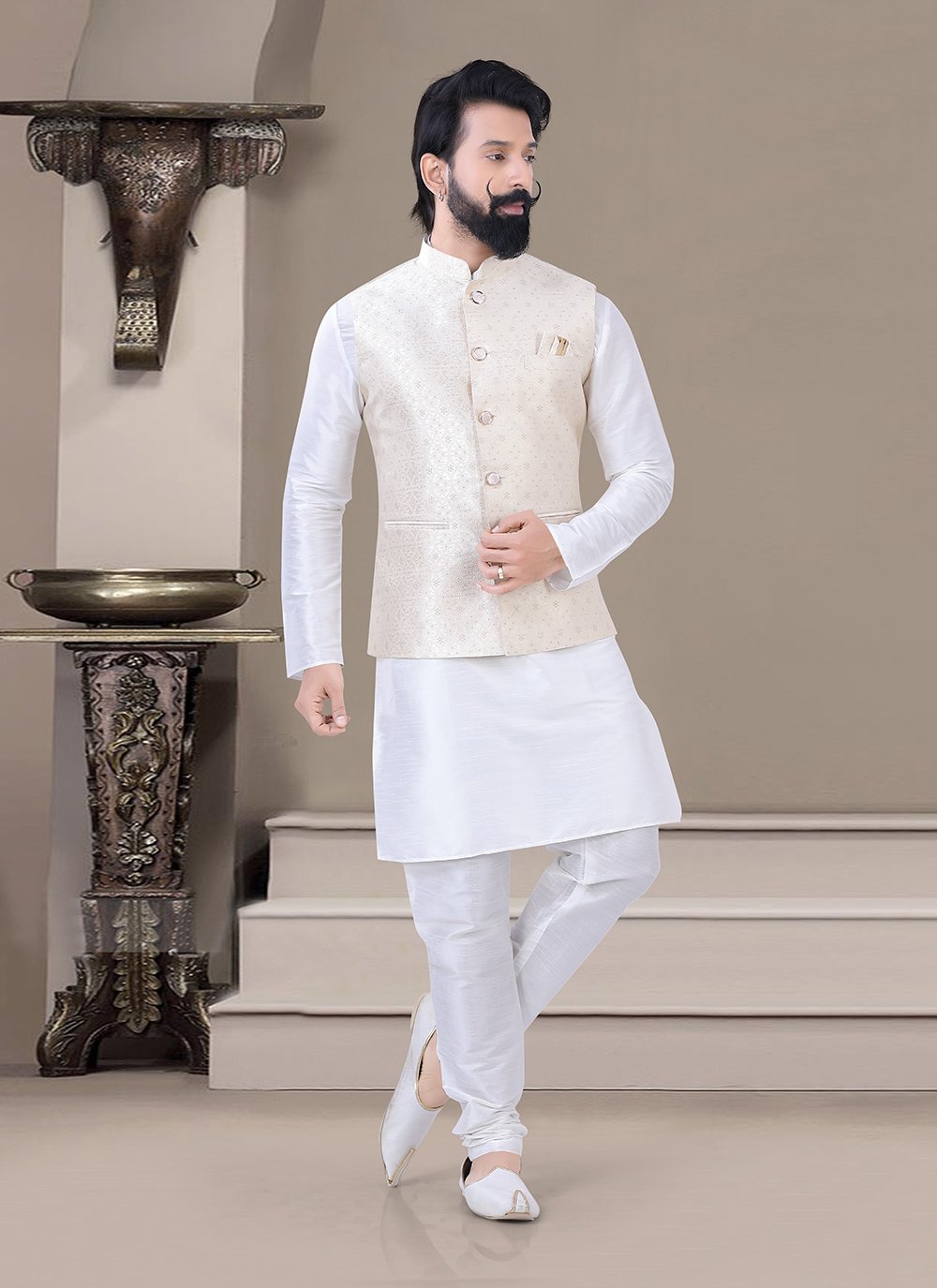 Cream and White Mehndi Kurta Payjama With Jacket